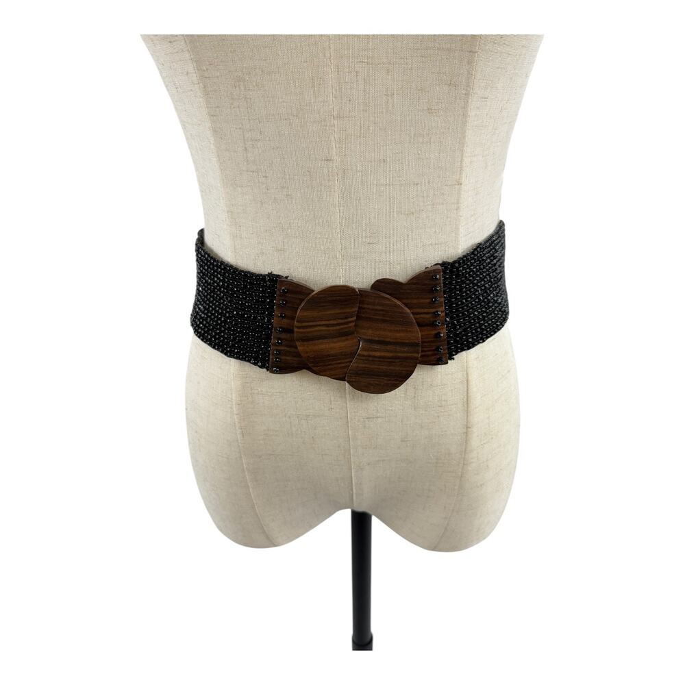 Black Beaded Stretch Belt with Wooden Clasp, Size M